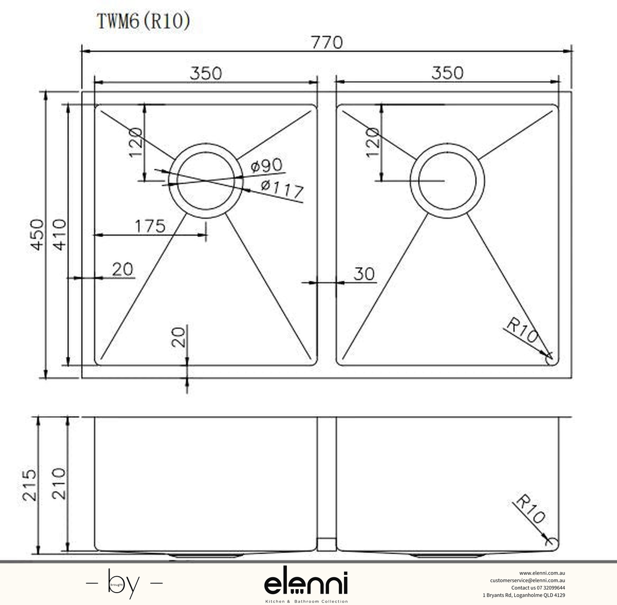 Handmade Double Bowl Sink 770 x 450 x 215mm - Rose Gold Elenni specification drawing