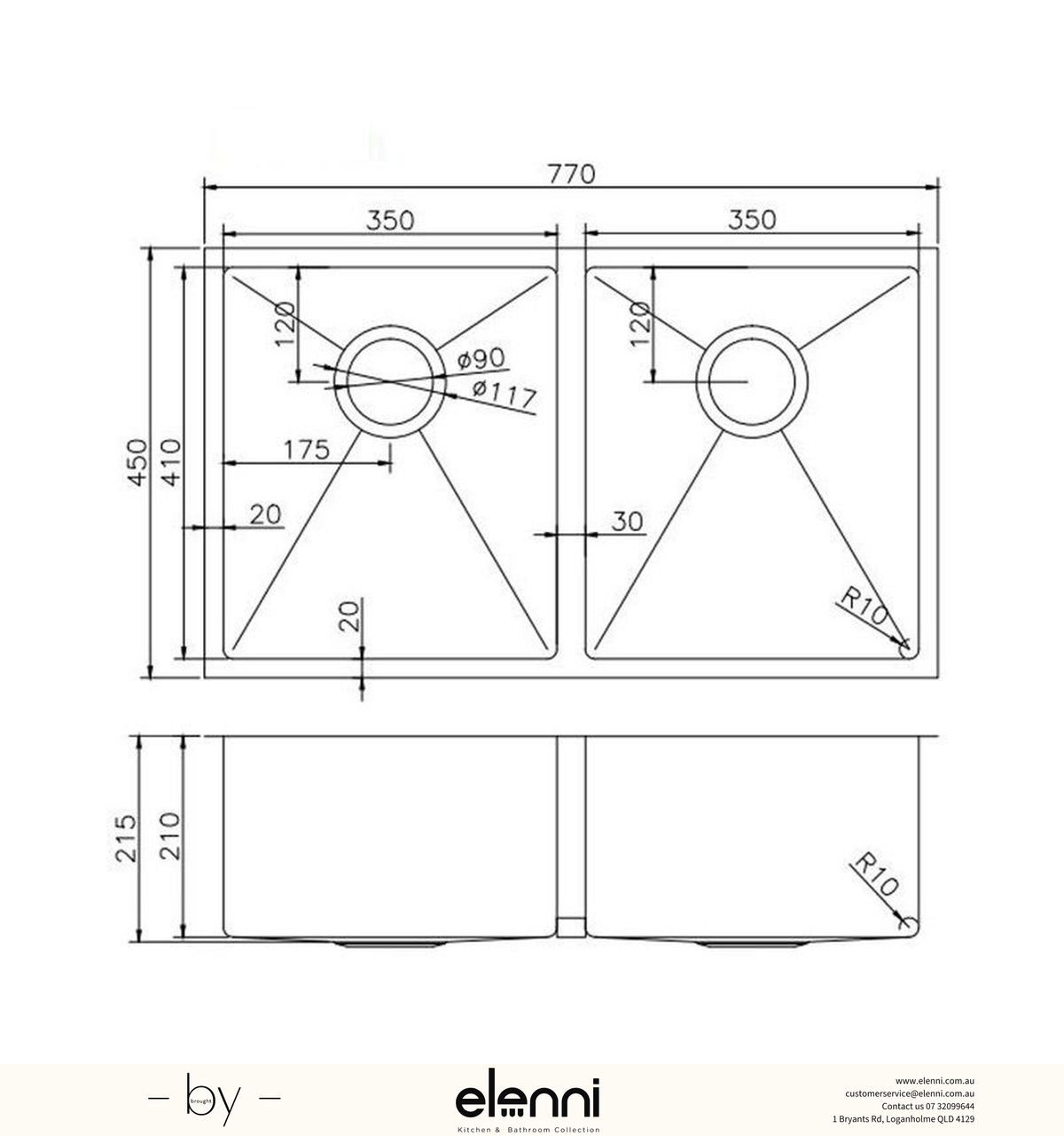 Handmade Double Bowl Sink 770 x 450 x 215mm - Satin Gunmetal Grey Elenni specification drawing