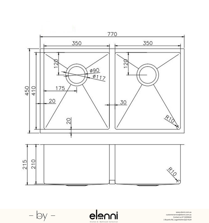 Handmade Double Bowl Sink 770 x 450 x 215mm - Satin Gunmetal Grey Elenni specification drawing