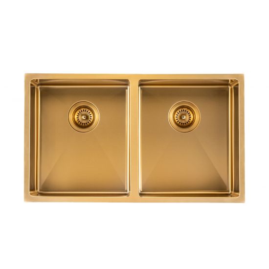 Handmade Double Bowl Sink 820 x 457 x 230mm - Brushed Gold 1