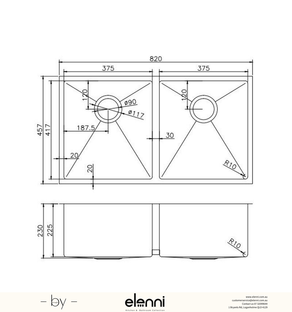 Handmade Double Bowl Sink 820 x 457 x 230mm - Brushed Gold Elenni specification drawing