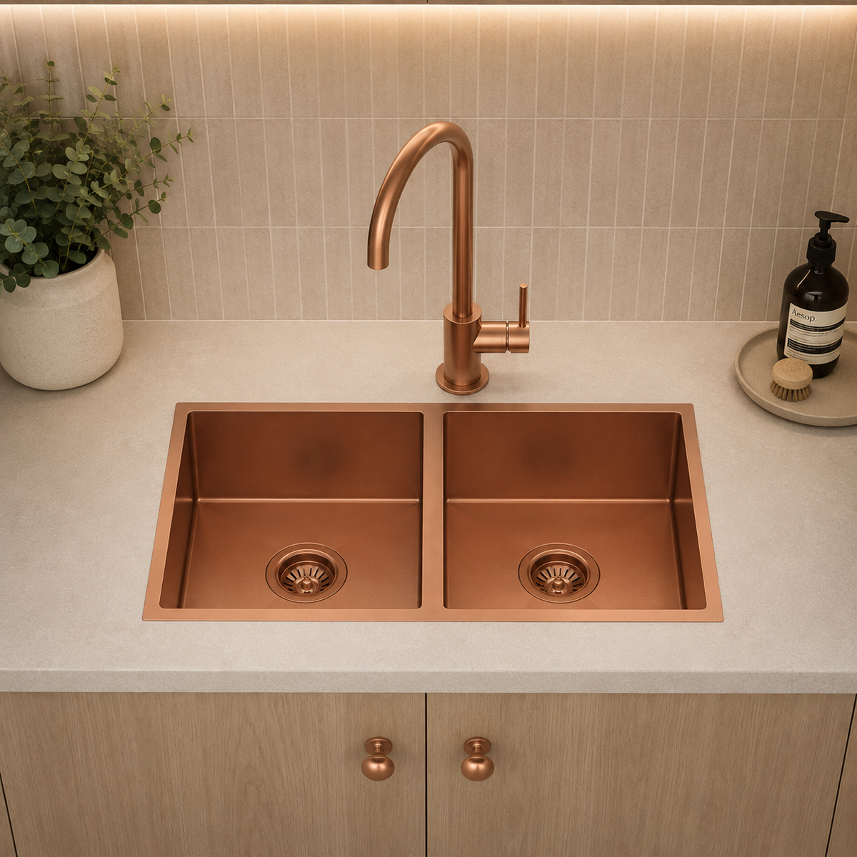 Handmade Double Bowl Sink 820 x 457 x 230mm - Rose Gold 2