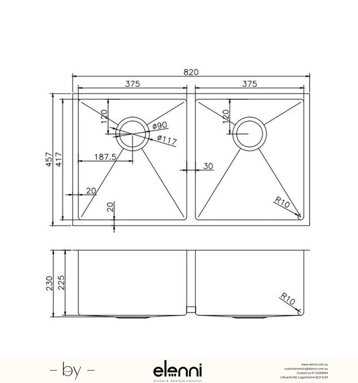 Handmade Double Bowl Sink 820 x 457 x 230mm - Rose Gold Elenni specification drawing