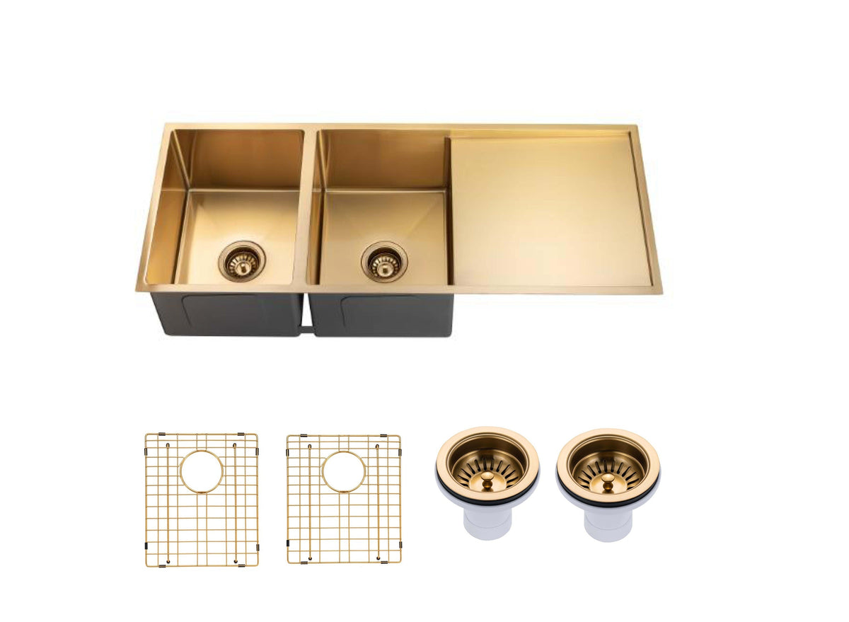 Handmade Double Bowl Sink with Drainboard 1160 x 460 x 230mm - Brushed Gold 1