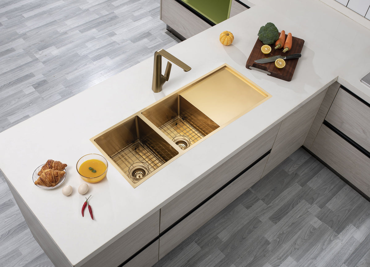 Handmade Double Bowl Sink with Drainboard 1160 x 460 x 230mm - Brushed Gold 2