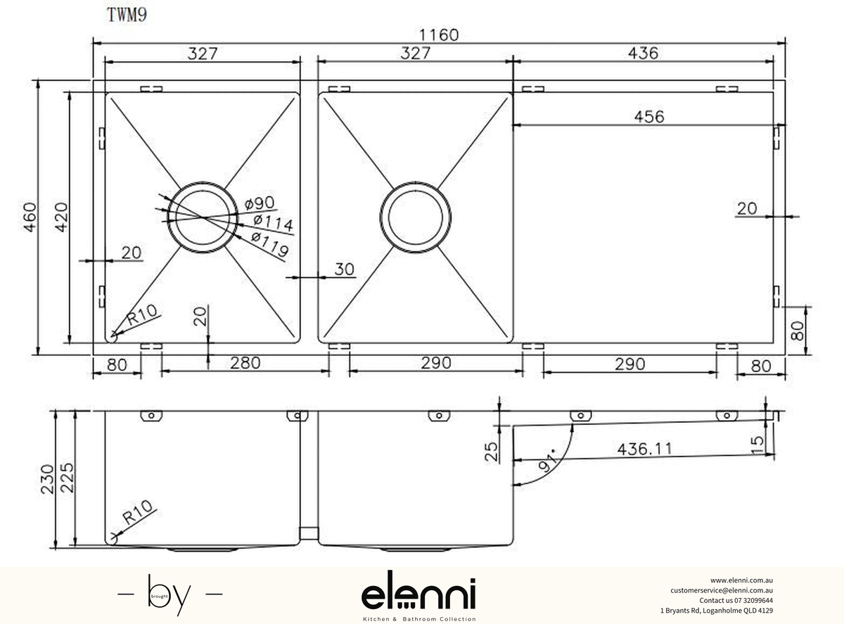 Handmade Double Bowl Sink with Drainboard 1160 x 460 x 230mm - Brushed Gold Elenni specification drawing