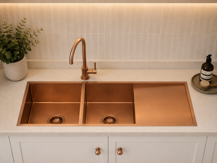 Handmade Double Bowl Sink with Drainboard 1160 x 460 x 230mm - Rose Gold 2