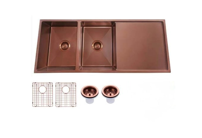 Handmade Double Bowl Sink with Drainboard 1160 x 460 x 230mm - Rose Gold 3
