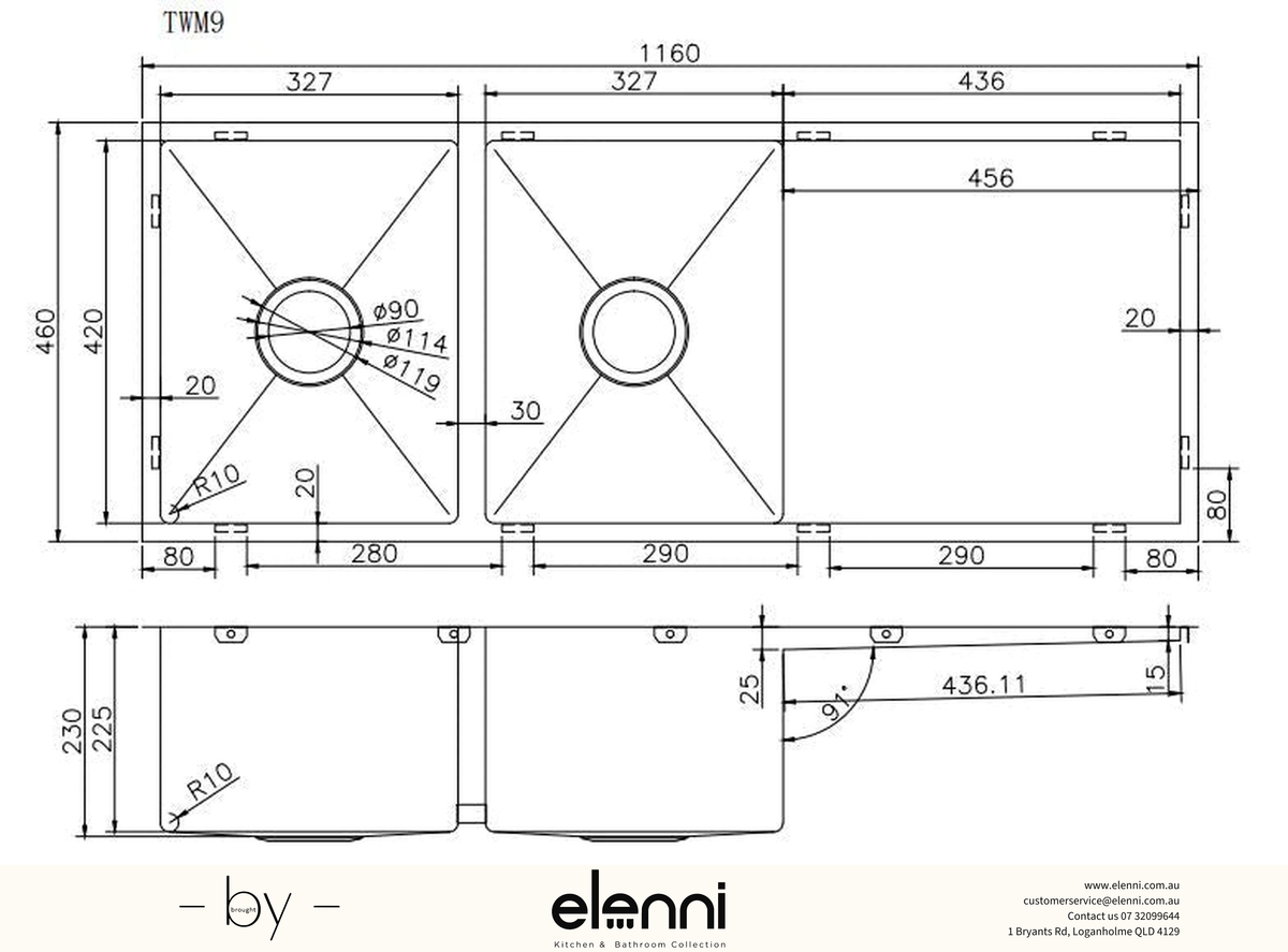 Handmade Double Bowl Sink with Drainboard 1160 x 460 x 230mm - Rose Gold Elenni specification drawing