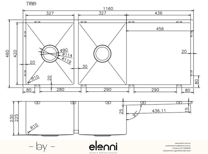 Handmade Double Bowl Sink with Drainboard 1160 x 460 x 230mm - Rose Gold Elenni specification drawing