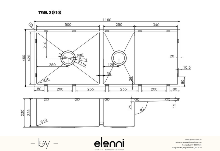 Handmade One and a Half Bowl Sink with Drainboard 1160 x 460 x 230mm - Stainless Steel Elenni specification drawing