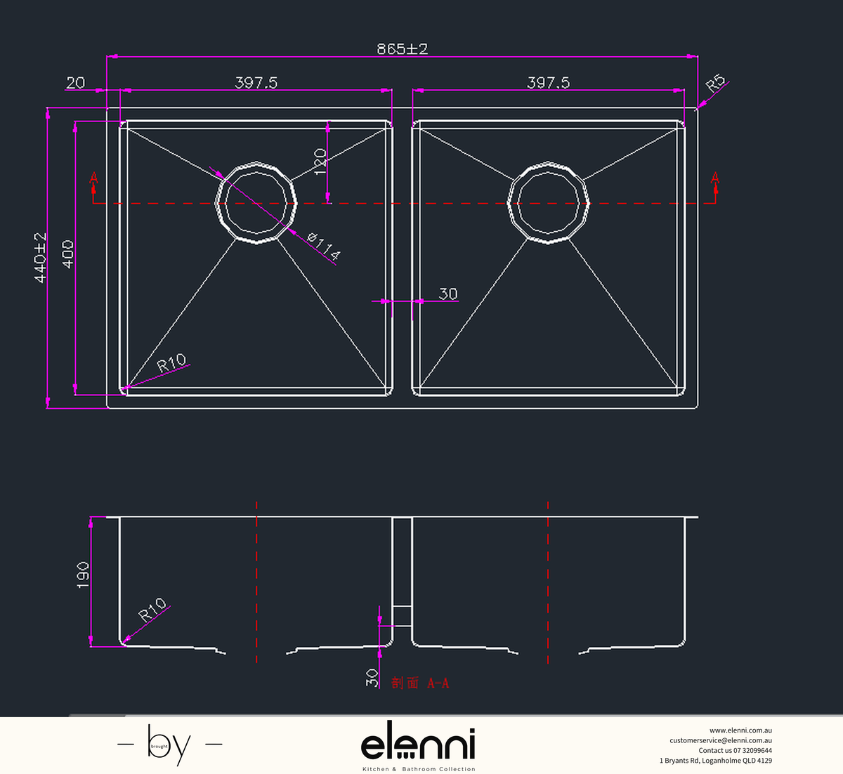 Handmade Round Edge Double Bowl Sink 865 x 440 x 190mm - Stainless Steel Elenni specification drawing