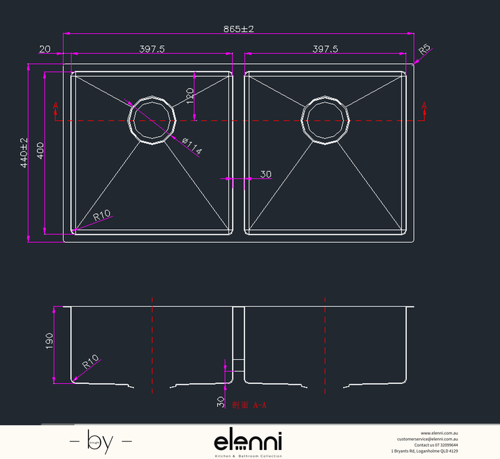 Handmade Round Edge Double Bowl Sink 865 x 440 x 190mm - Stainless Steel Elenni specification drawing