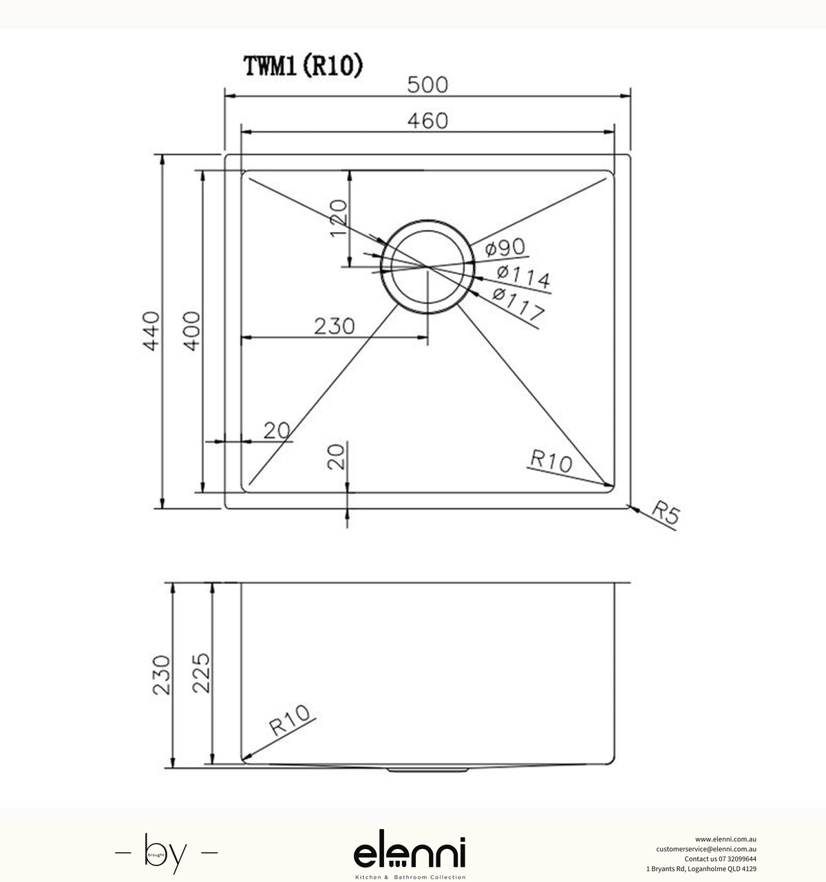 Handmade Round Edge Single Bowl Sink 500 x 440 x 230mm - Brushed Gold Elenni specification drawing