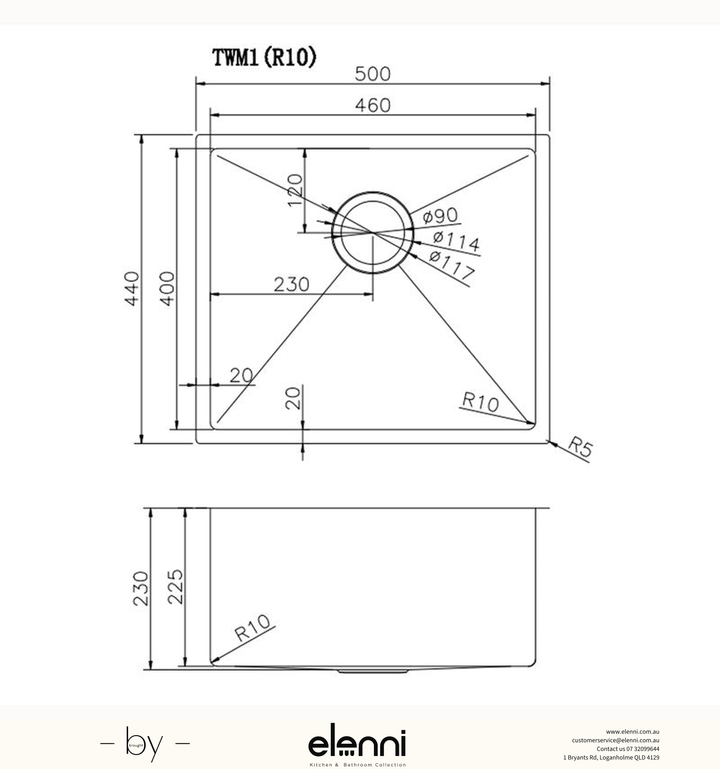 Handmade Round Edge Single Bowl Sink 500 x 440 x 230mm - Stainless Steel Elenni specification drawing