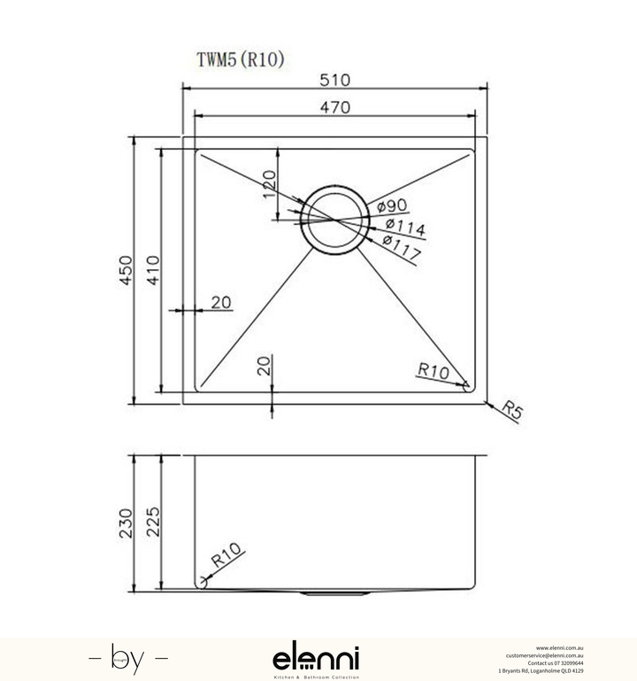 Handmade Round Edge Single Bowl Sink 510 x 450 x 230mm - Brushed Gold Elenni specification drawing