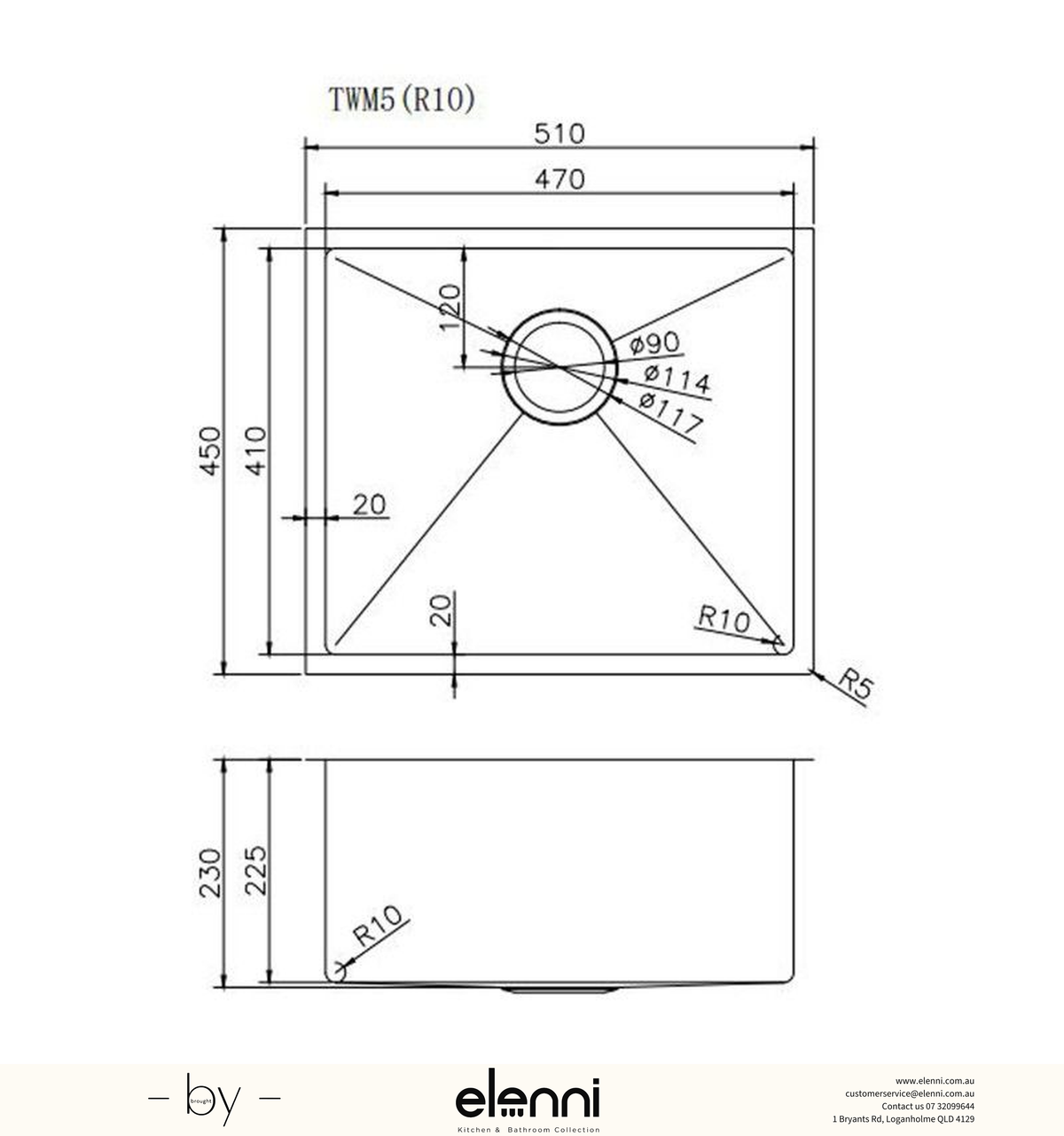 Handmade Round Edge Single Bowl Sink 510 x 450 x 230mm - Gunmetal Grey Elenni specification drawing