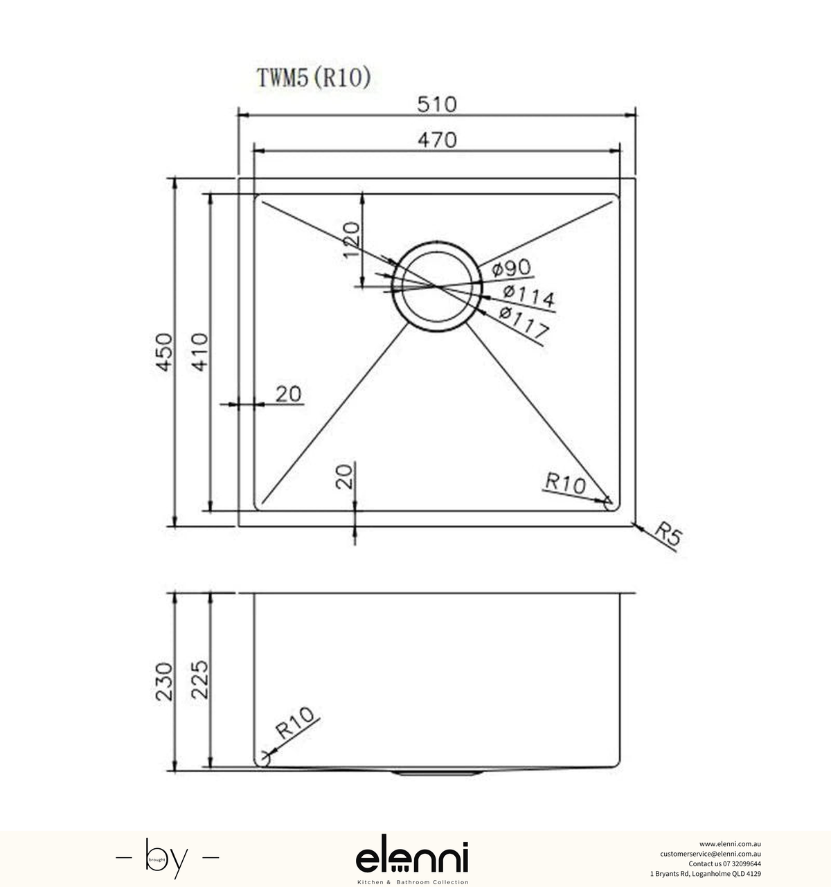 Handmade Round Edge Single Bowl Sink 510 x 450 x 230mm - Rose Gold Elenni specification drawing