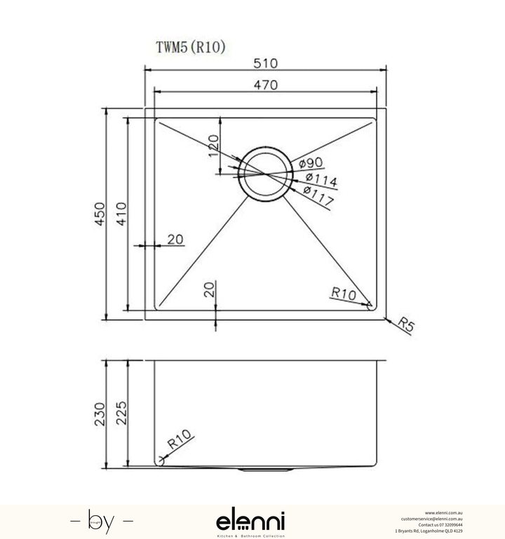 Handmade Round Edge Single Bowl Sink 510 x 450 x 230mm - Rose Gold Elenni specification drawing
