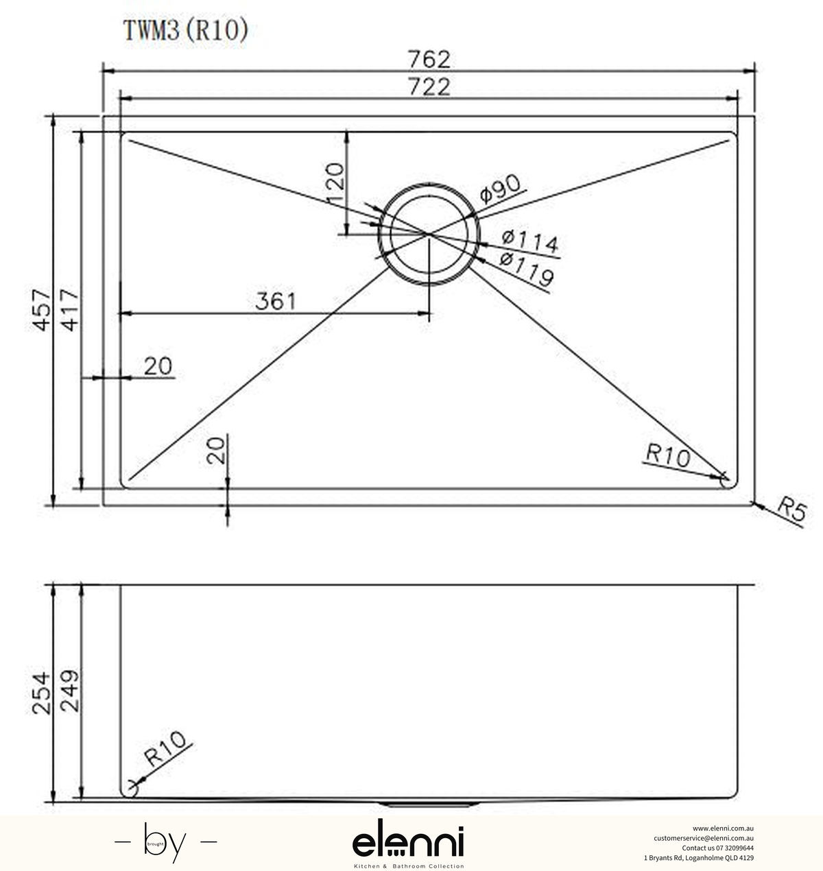 Handmade Round Edge Single Bowl Sink 762 x 457 x 254mm - Brushed Gold Elenni specification drawing