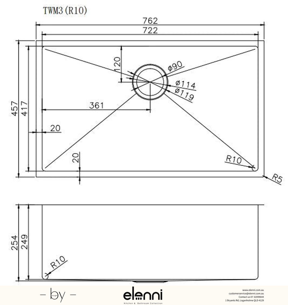 Handmade Round Edge Single Bowl Sink 762 x 457 x 254mm - Rose Gold Elenni specification drawing