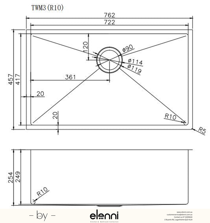 Handmade Round Edge Single Bowl Sink 762 x 457 x 254mm - Stainless Steel Elenni specification drawing