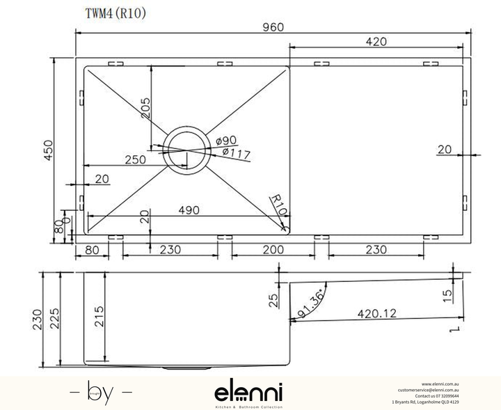 Handmade Round Edge Single Bowl Sink 960 x 450 x 230mm - Gunmetal Grey Elenni specification drawing