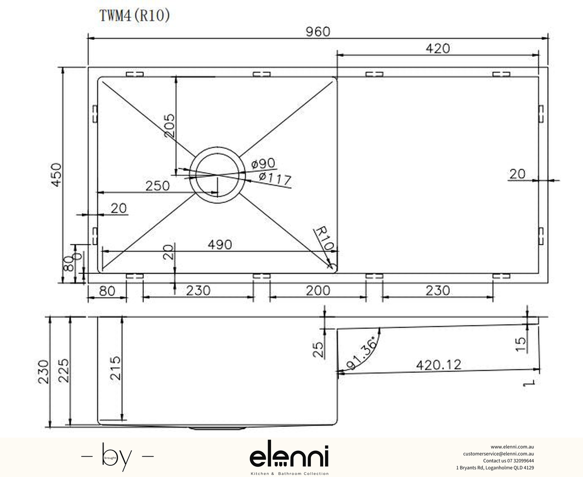 Handmade Round Edge Single Bowl Sink 960 x 450 x 230mm - Stainless Steel Elenni specification drawing