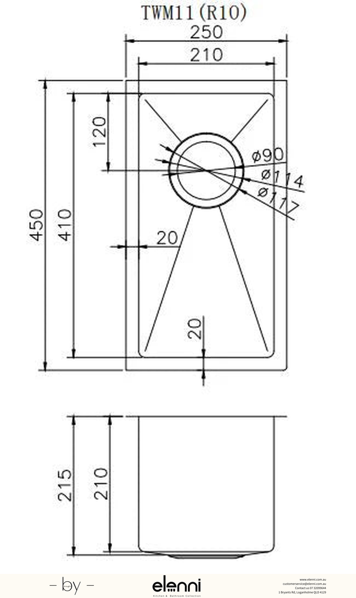 Handmade Single Bowl Sink 250 x 450 x 215mm - Rose Gold Elenni specification drawing