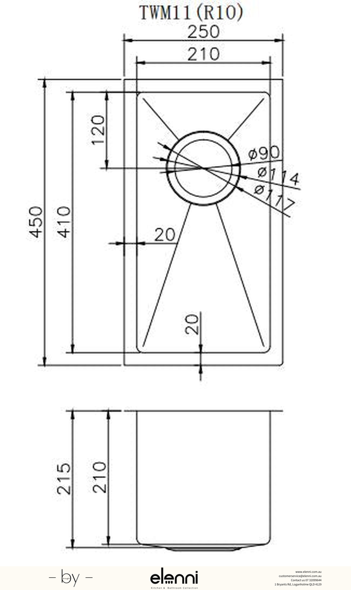 Handmade Single Bowl Sink 250 x 450 x 215mm - Stainless Steel Elenni specification drawing