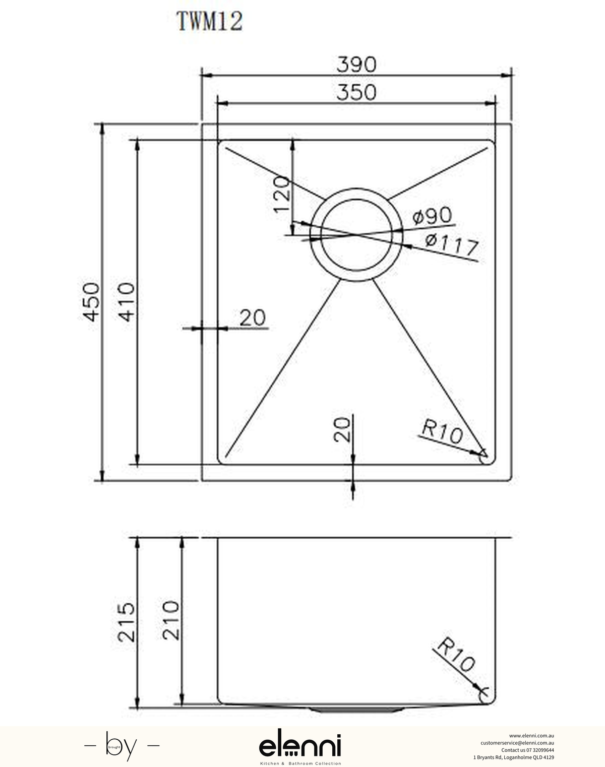 Handmade Single Bowl Sink 390 x 450 x 215mm - Stainless Steel Elenni specification drawing
