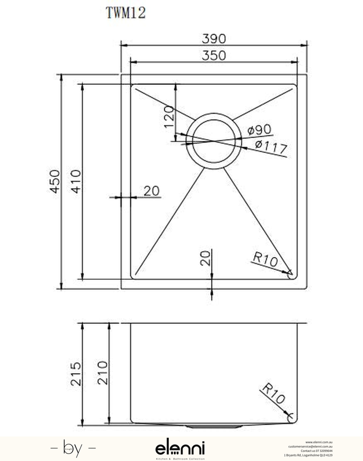 Handmade Single Bowl Sink 390 x 450 x 215mm - Stainless Steel Elenni specification drawing