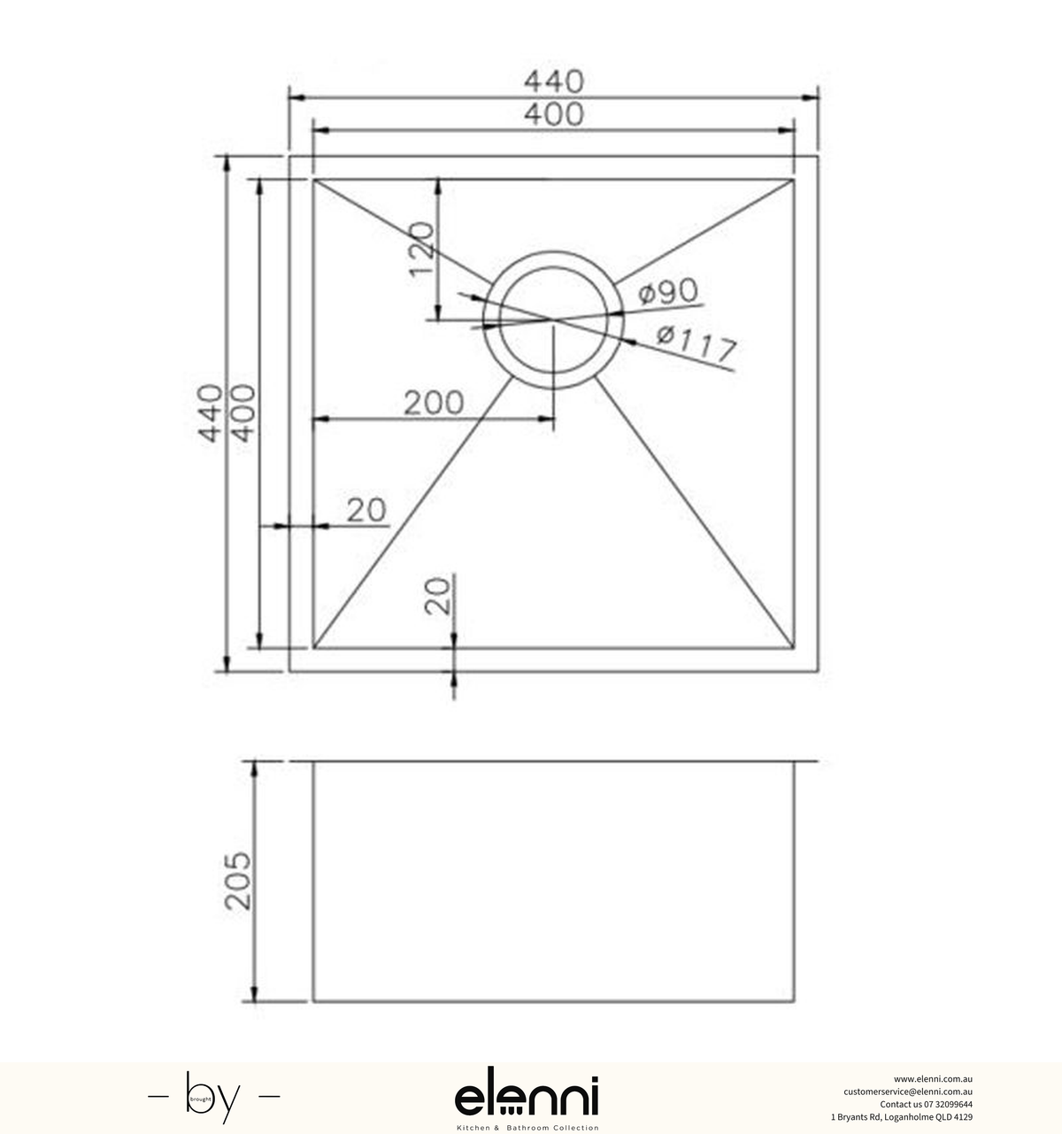 Handmade Single Bowl Sink 440 x 440 x 205mm - Light Brushed Gold Elenni specification drawing