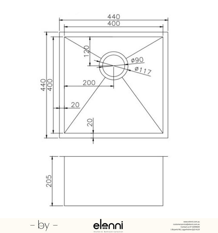 Handmade Single Bowl Sink 440 x 440 x 205mm - Satin Gunmetal Grey Elenni specification drawing
