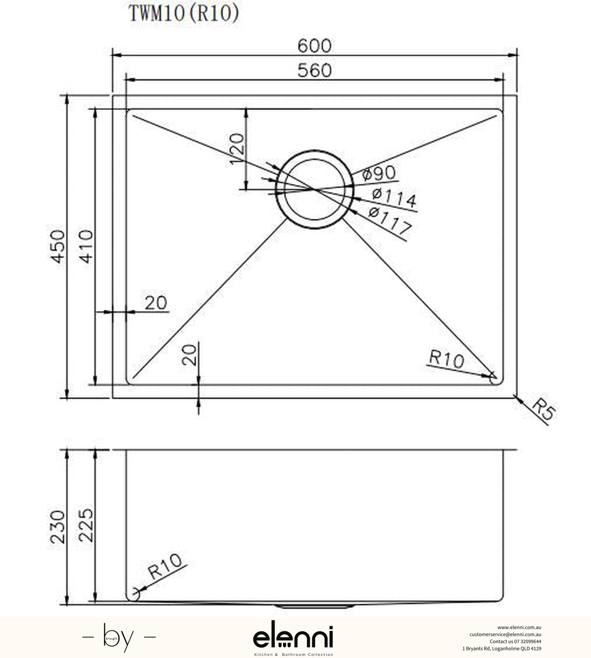 Handmade Single Bowl Sink 600 x 450 x 230mm - Brushed Gold Elenni specification drawing