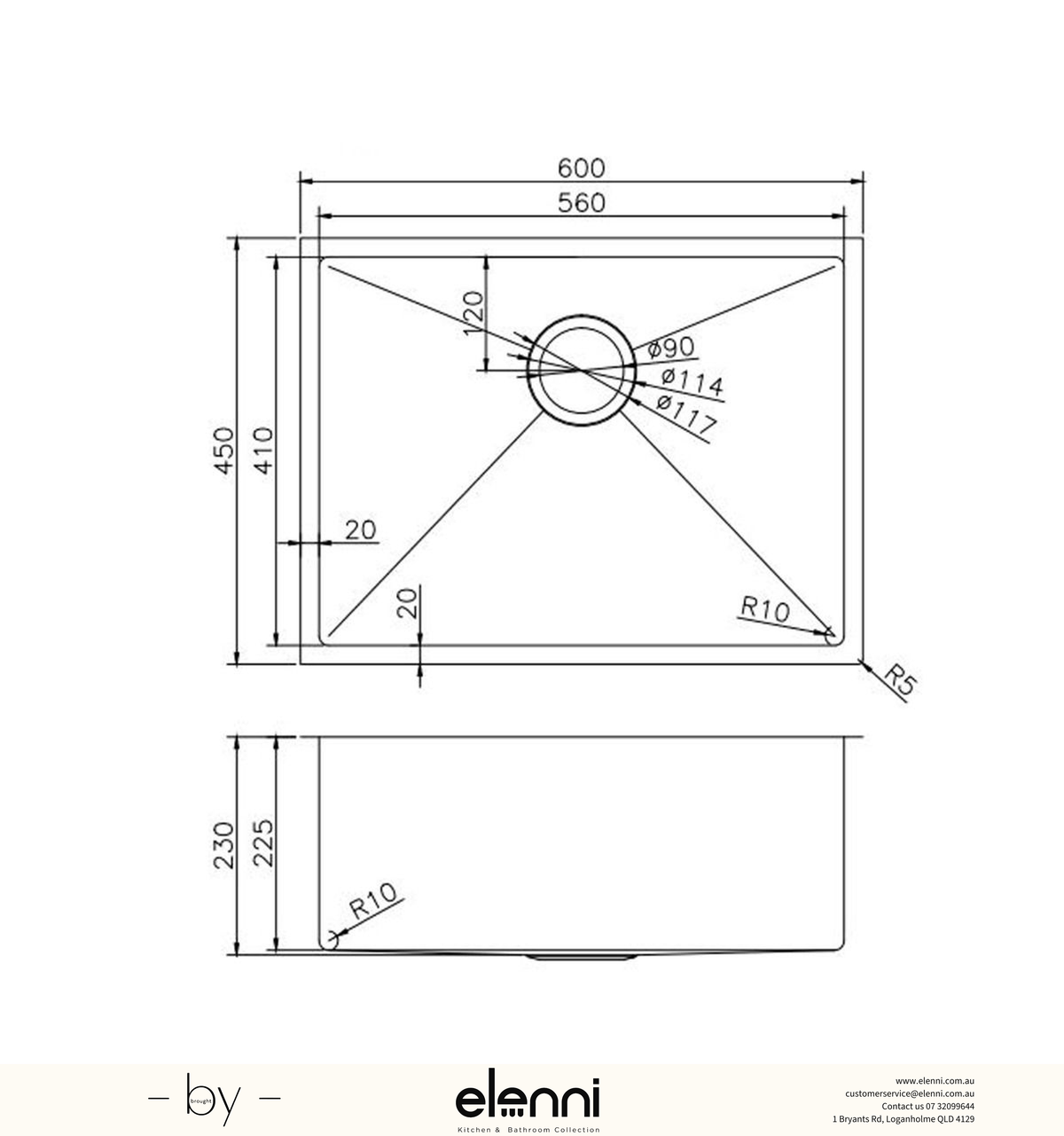 Handmade Single Bowl Sink 600 x 450 x 230mm - Satin Gunmetal Grey Elenni specification drawing