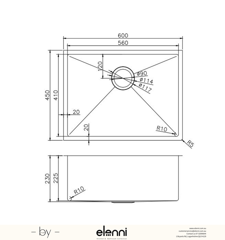 Handmade Single Bowl Sink 600 x 450 x 230mm - Satin Gunmetal Grey Elenni specification drawing