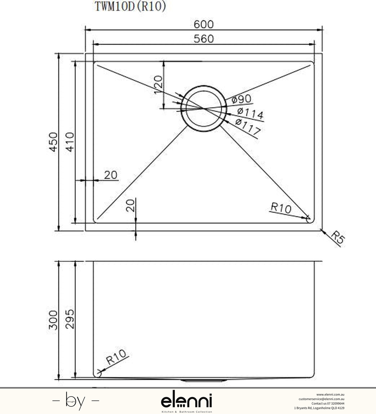 Handmade Single Bowl Sink 600 x 450 x 300mm - Gunmetal Grey Elenni specification drawing