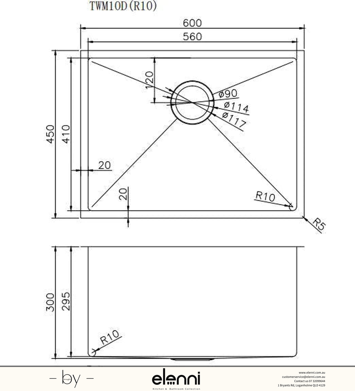 Handmade Single Bowl Sink 600 x 450 x 300mm - Rose Gold Elenni specification drawing