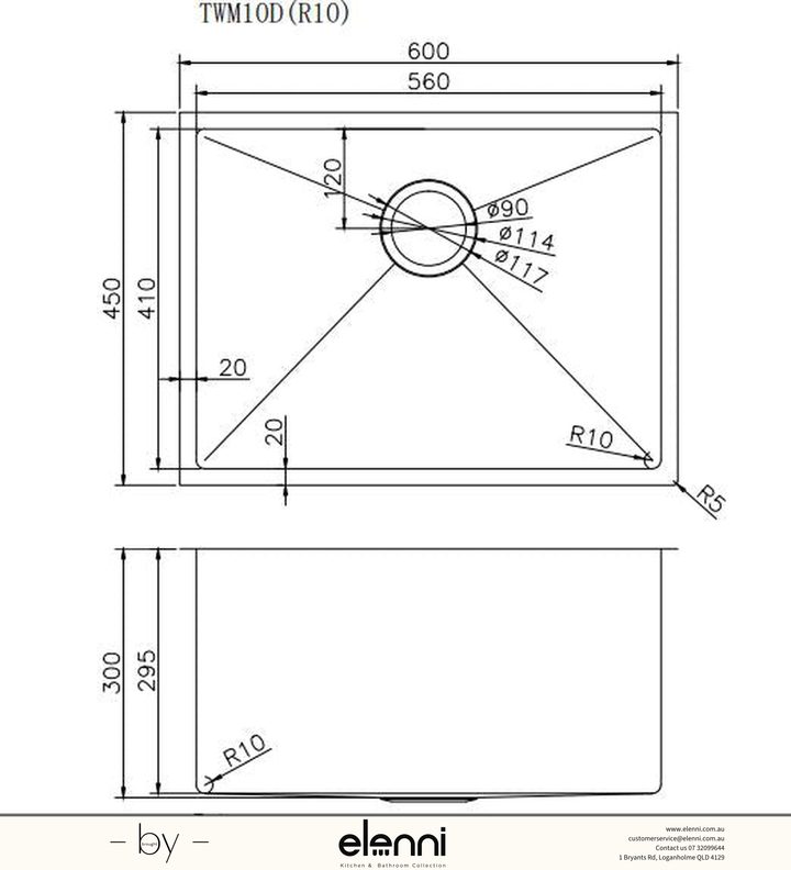 Handmade Single Bowl Sink 600 x 450 x 300mm - Stainless Steel Elenni specification drawing