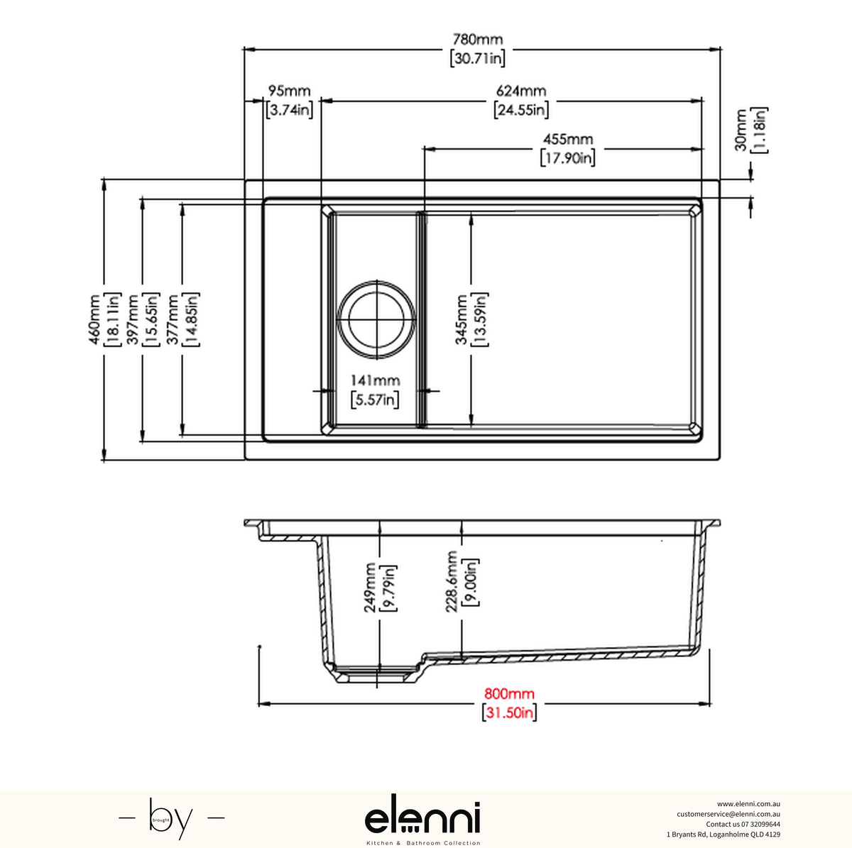 Harmony 780 Single Bowl Granite Sink 780 x 460 x 250mm - Deep Black Elenni specification drawing
