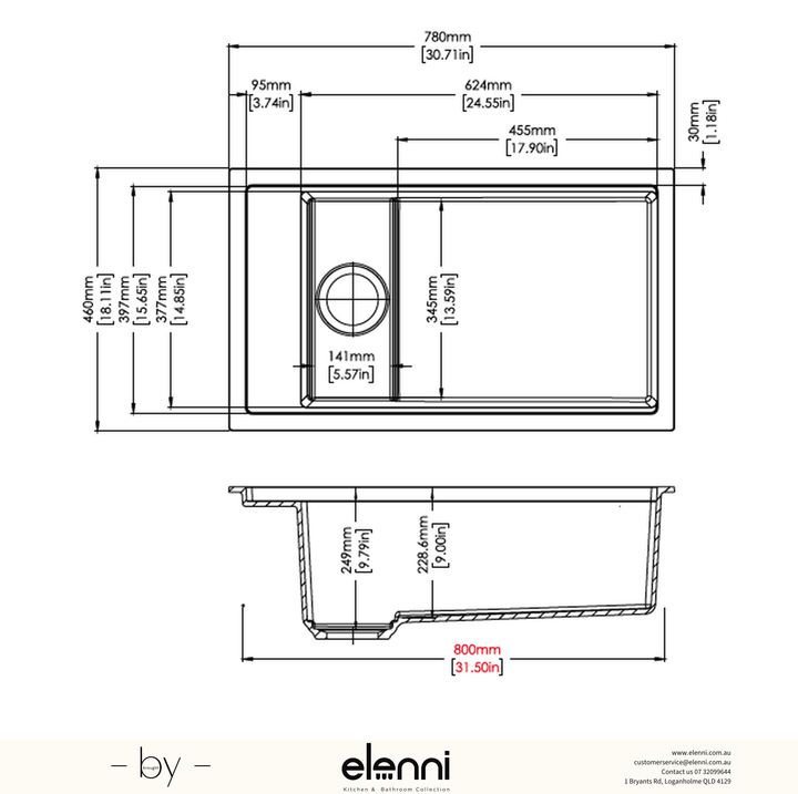 Harmony 780 Single Bowl Granite Sink 780 x 460 x 250mm - Deep Black Elenni specification drawing