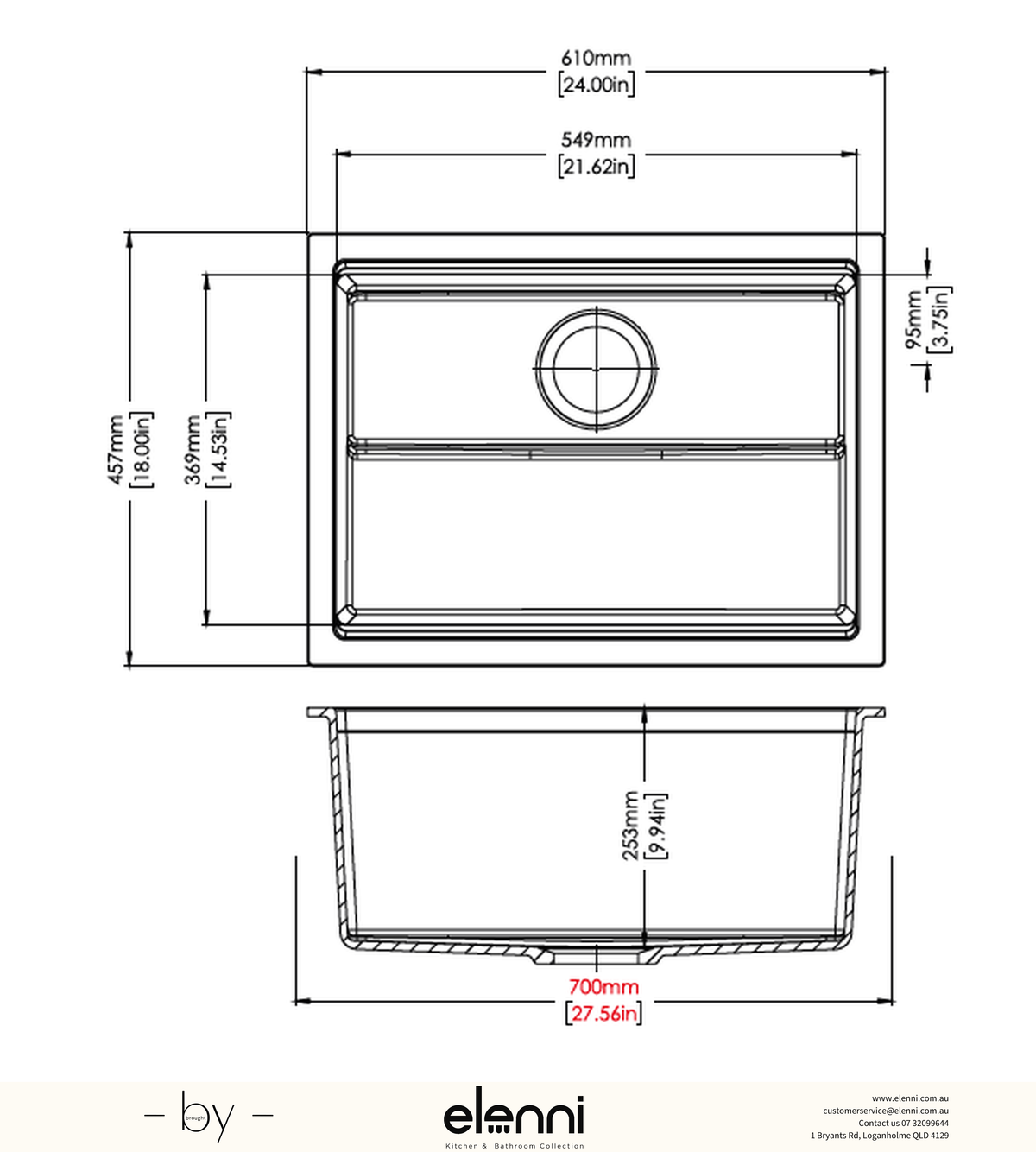 Harmony Big Bowl Single Bowl Granite Sink 610 x 457 x 253mm - Snova White Elenni specification drawing