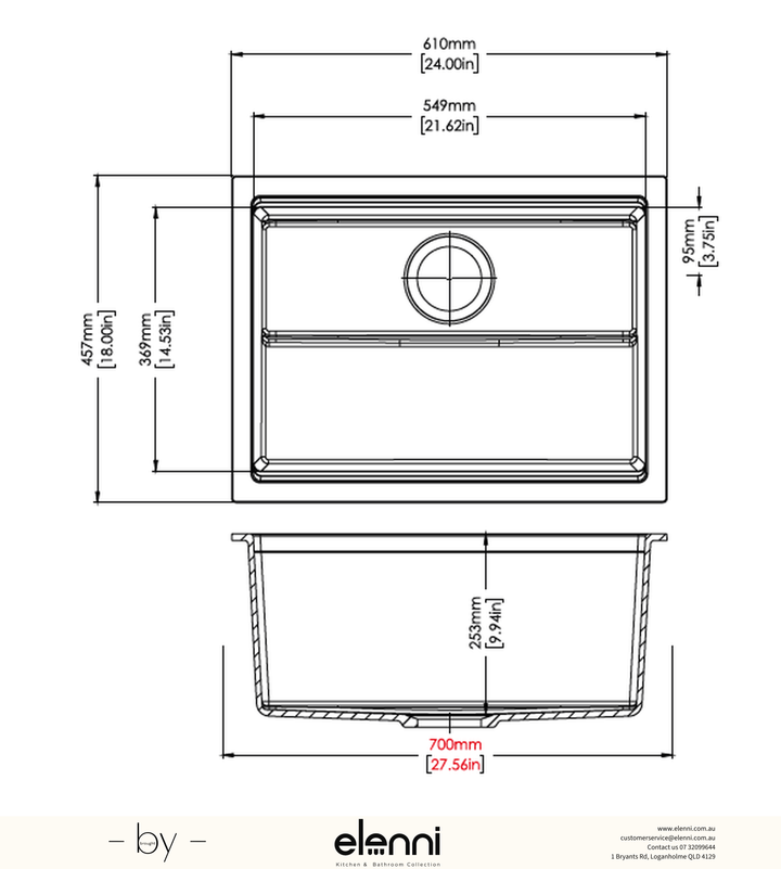 Harmony Big Bowl Single Bowl Granite Sink 610 x 457 x 253mm - Snova White Elenni specification drawing