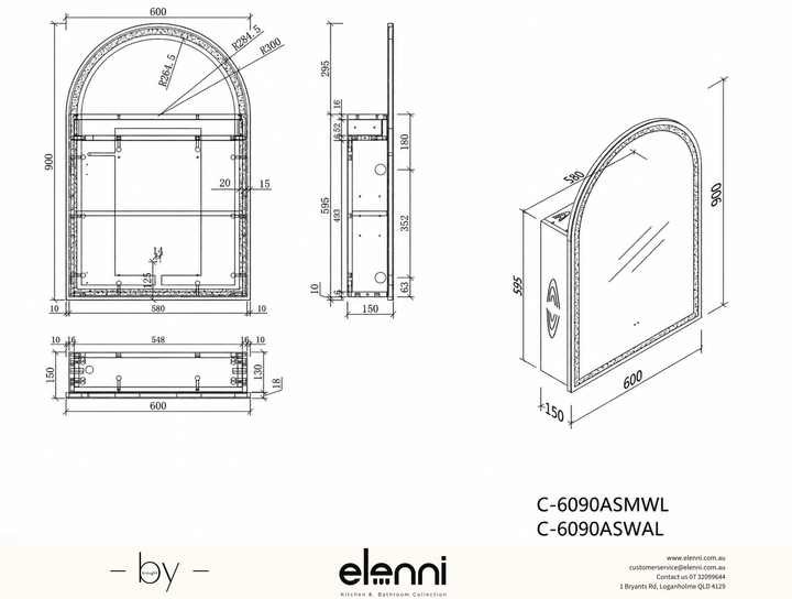 Imperial Arch LED Shaving Cabinet 600 x 900mm - Matte White Elenni specification drawing