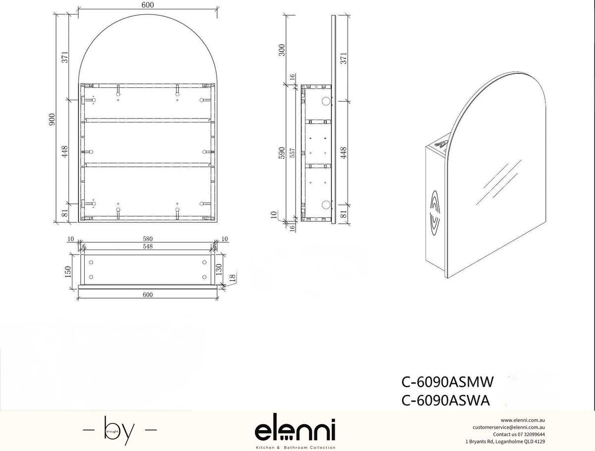 Imperial Arch Shaving Cabinet 600 x 900mm - Walnut Elenni specification drawing