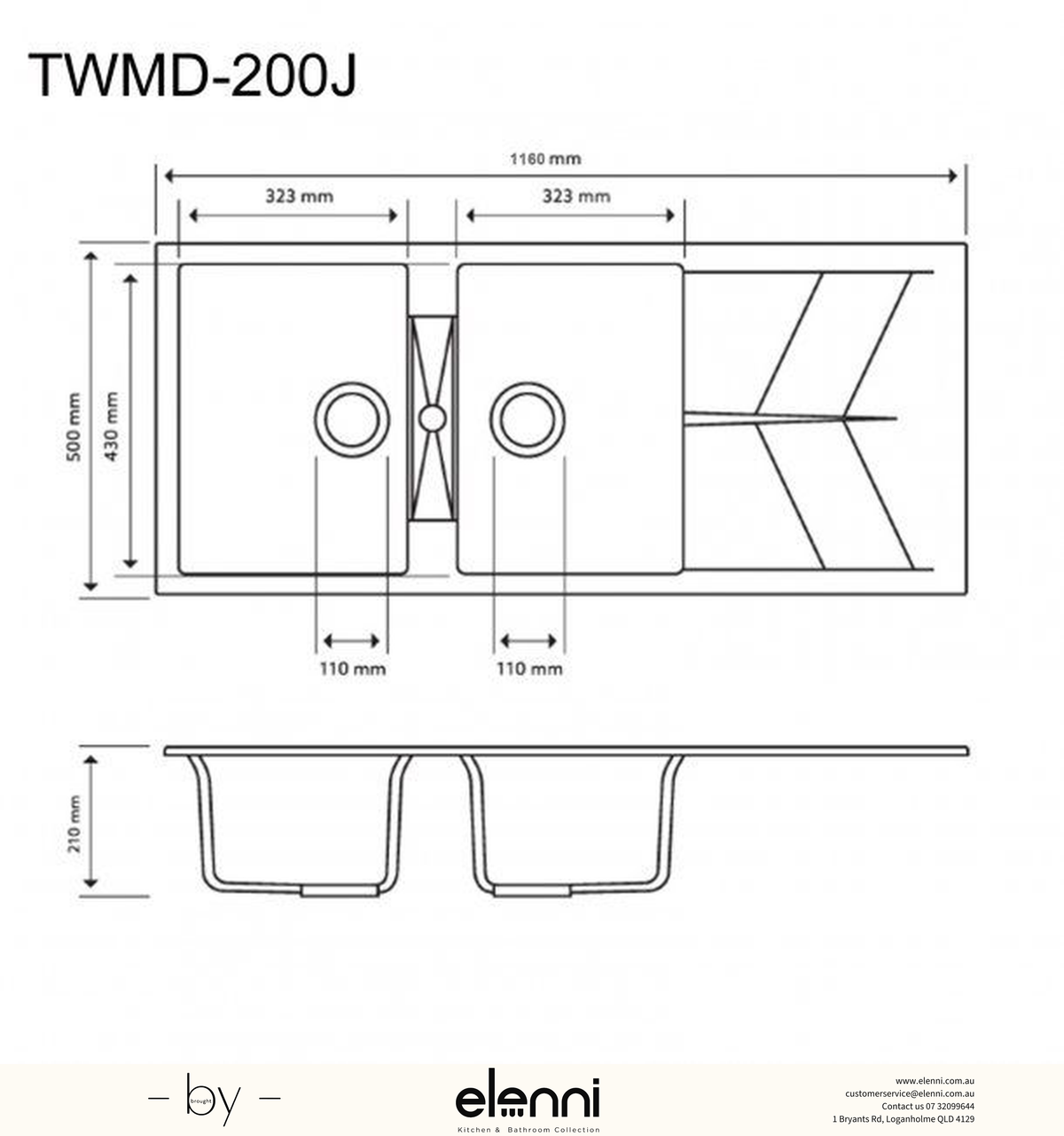 Jazz D200 Double Bowl Granite Sink with Drainboard 1160 x 500 x 210mm - Concrete Grey Elenni specification drawing