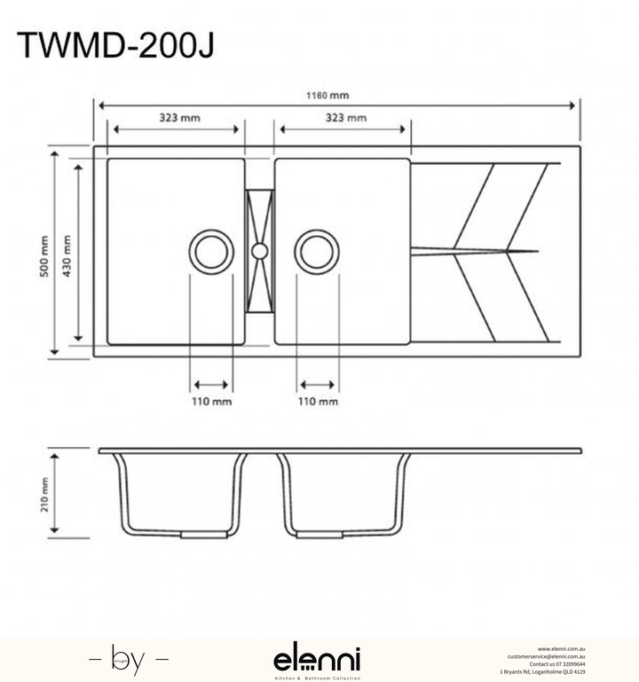 Jazz D200 Double Bowl Granite Sink with Drainboard 1160 x 500 x 210mm - Snova White Elenni specification drawing