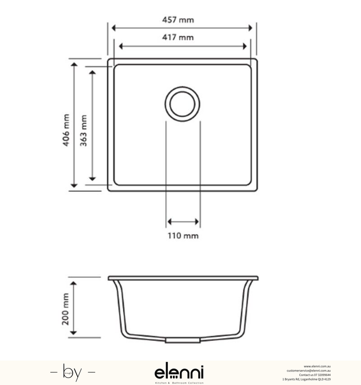 Magic Salsa Single Bowl Granite Sink 457 x 406 x 200mm - Concrete Grey Elenni specification drawing