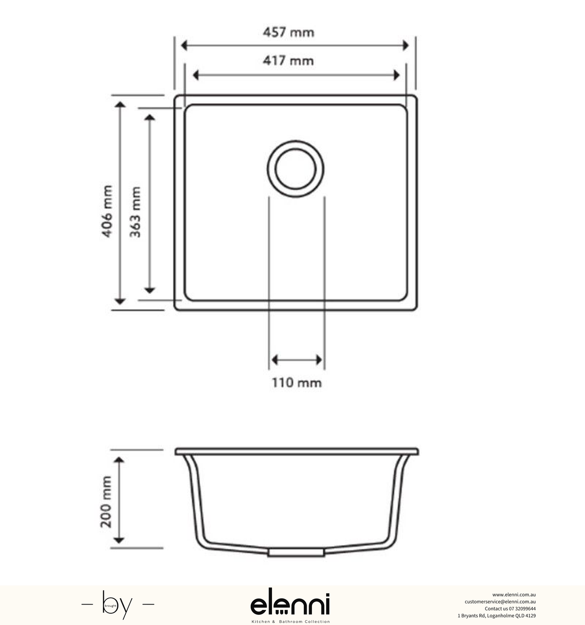 Magic Salsa Single Bowl Granite Sink 457 x 406 x 200mm - Snova White Elenni specification drawing